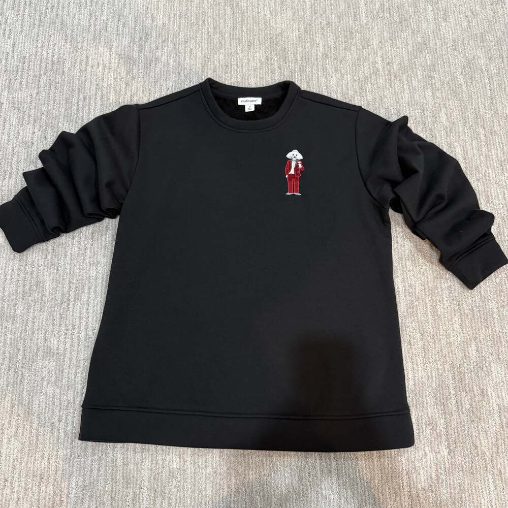 Studio Park M Black Crewneck Sweatshirt Dog Embroidery Red Suit Pullover